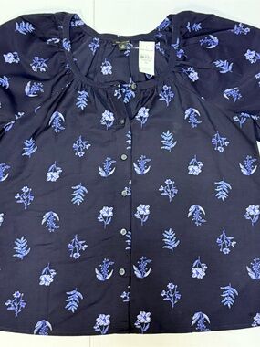 NWT Ann Taylor Floral Blouse XS Navy Blue Button Front Lightweight Top